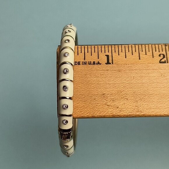 NORDSTROM Sequin Enamel Hinge Bangle Bracelet Clamper White Gold Tone Rhinestone - Picture 5 of 6